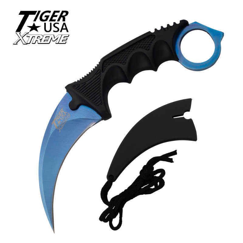 Karambit Ranger- Blue Fixed Blade Neck Knife with Sheath, , Panther Trading Company- Panther Wholesale