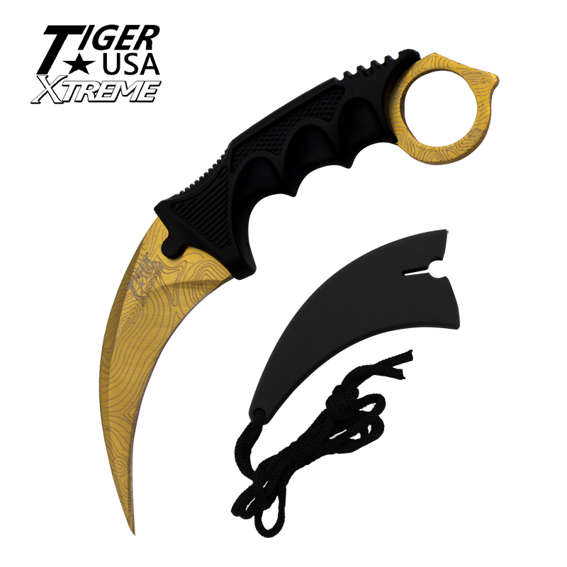 Karambit Ranger- Gold Damascus Fixed Blade Neck Knife with Sheath, , Panther Trading Company- Panther Wholesale