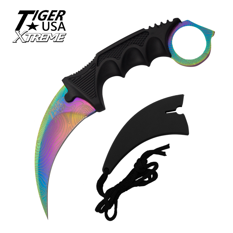 Karambit Ranger- Rainbow Damascus Fixed Blade Rainbow Neck Knife with Sheath, , Panther Trading Company- Panther Wholesale