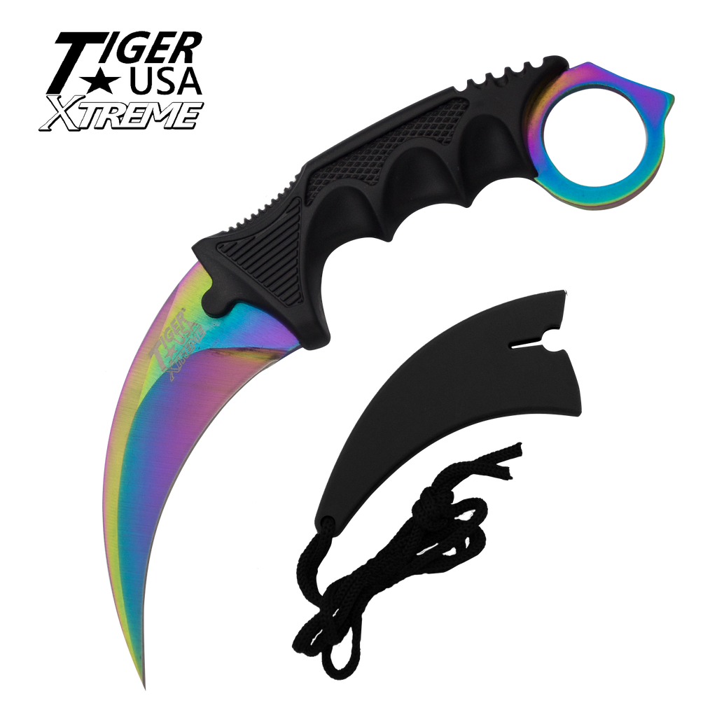 Karambit Ranger- Rainbow Fixed Blade Neck Knife with Sheath, , Panther Trading Company- Panther Wholesale