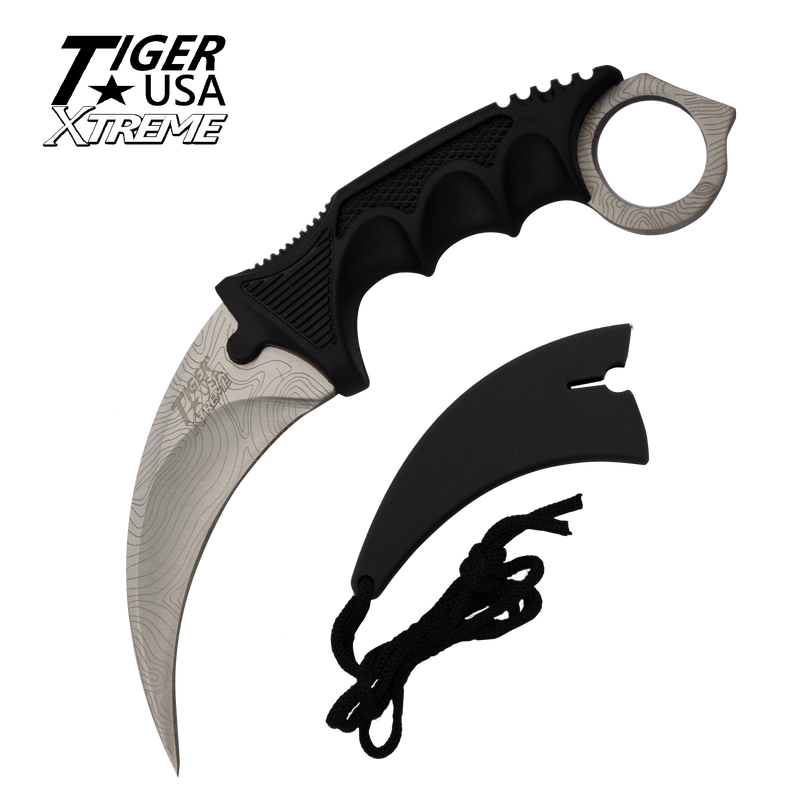 Karambit Ranger- Silver Damascus Fixed Blade Neck Knife with Sheath, , Panther Trading Company- Panther Wholesale