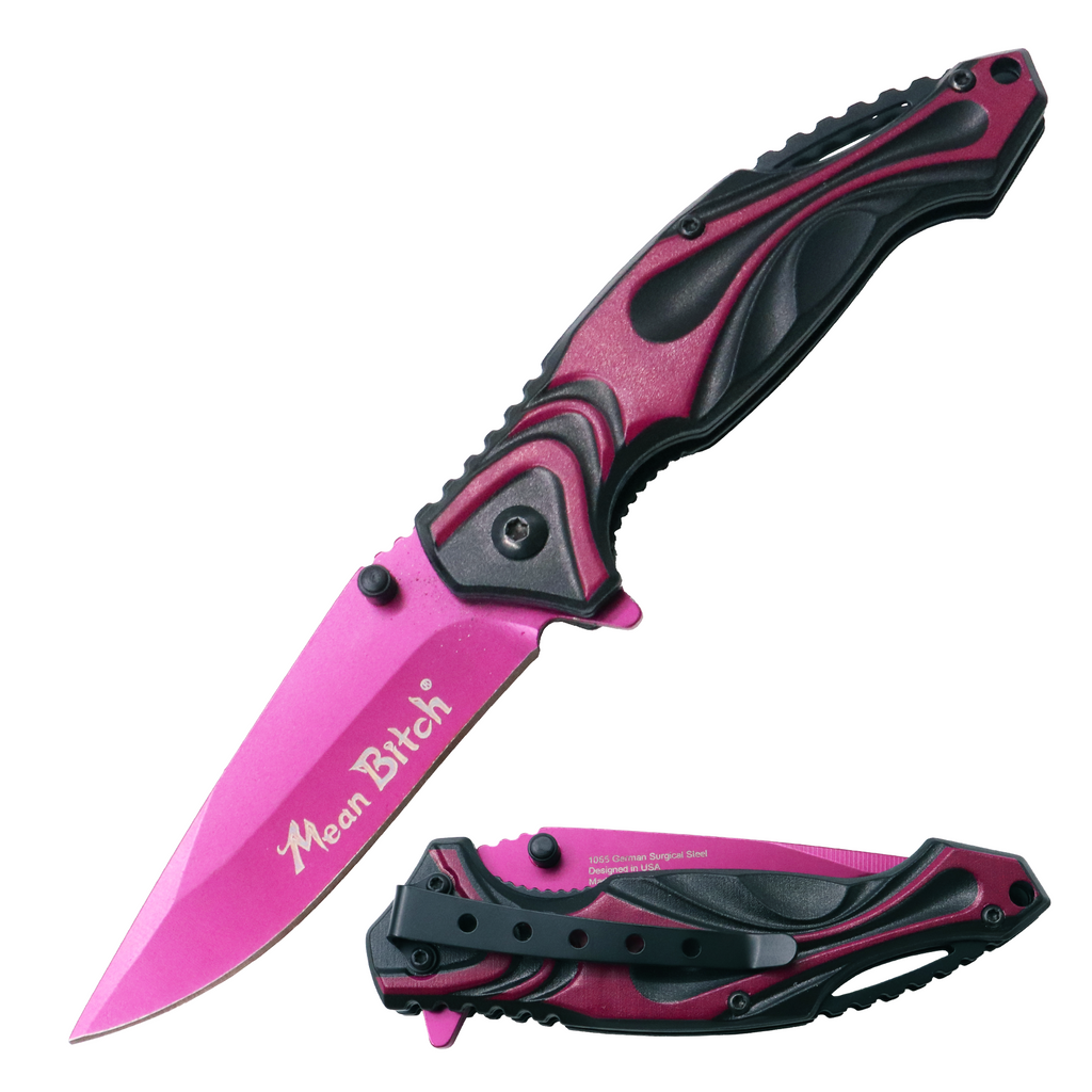 MEAN BITCH Spring Assisted Blade Tiger-USA Capitol Agent Knife MAGENTA AND BLACK