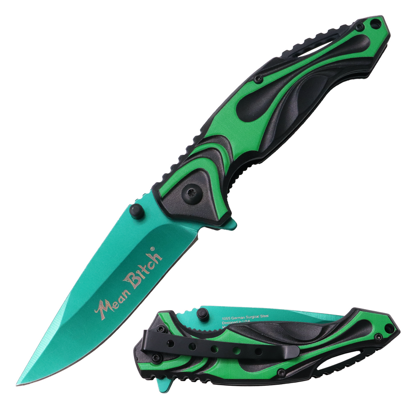 MEAN BITCH Spring Assisted Blade Tiger-USA Capitol Agent Knife GREEN and BLACK