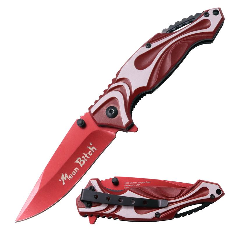MEAN BITCH Spring Assisted Blade Tiger-USA Capitol Agent Knife RED AND WHITE