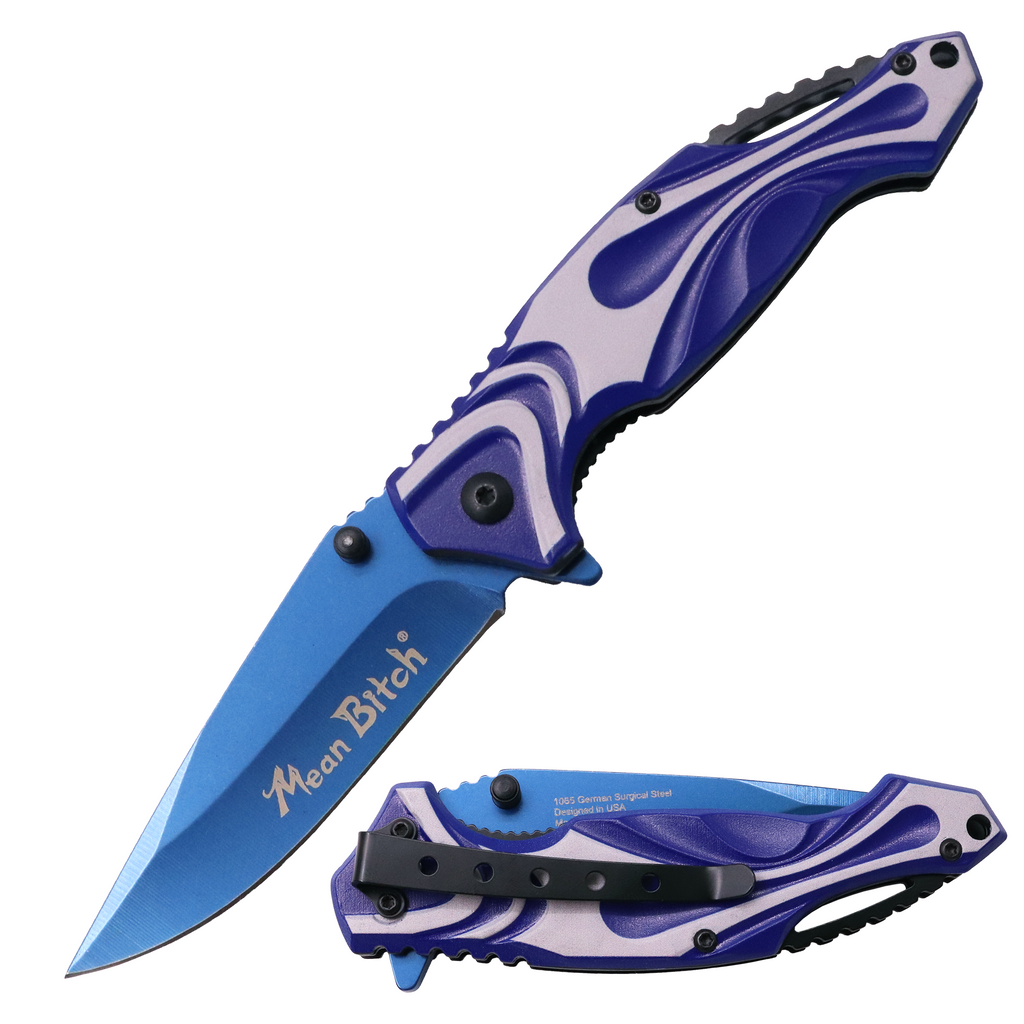 MEAN BITCH Spring Assisted Blade Tiger-USA Capitol Agent Knife BLUE AND WHITE