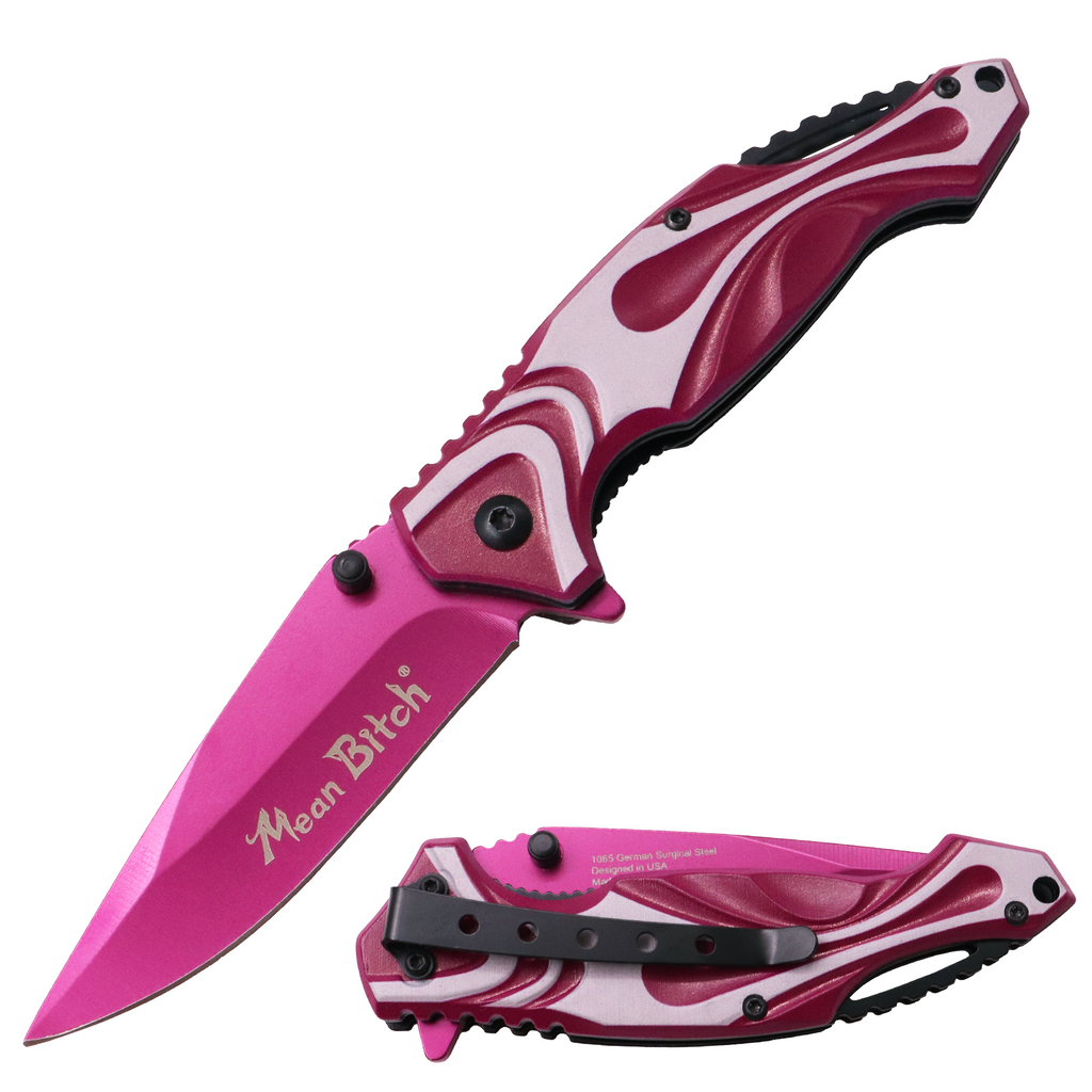 MEAN BITCH Spring Assisted Blade Tiger-USA Capitol Agent Knife PINK AND WHITE