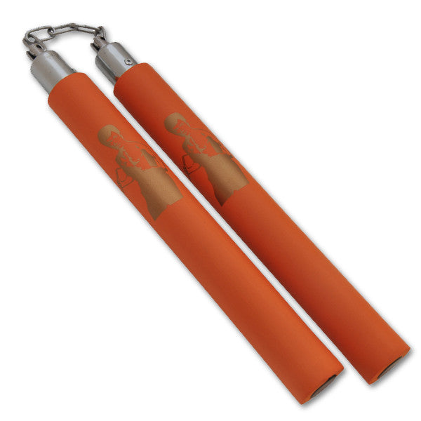 Foam Nunchucks (Orange Handle & Gold Bruce Lee Prints), , Panther Trading Company- Panther Wholesale