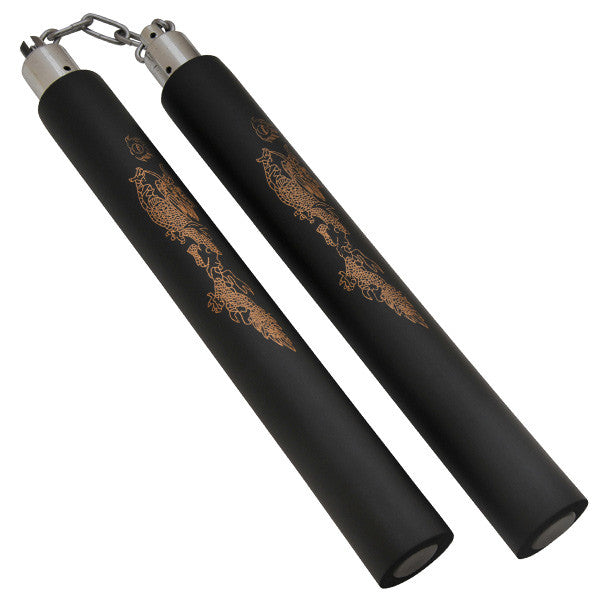 Foam Practice Nunchucks (Black) - Gold Dragon Design W/ Chain, , Panther Trading Company- Panther Wholesale