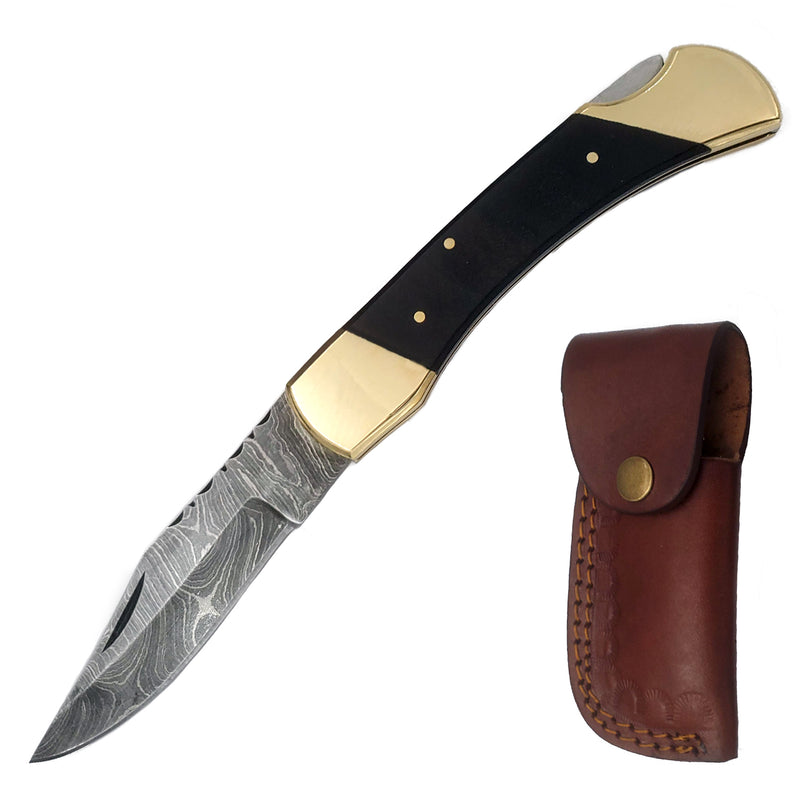 Red Deer 9 Inches Damascus Wood Handle Folding Knife