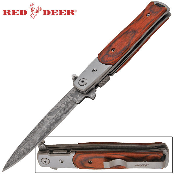Red Deer Damascus Steel Trigger Action Knife Stiletto Style, , Panther Trading Company- Panther Wholesale