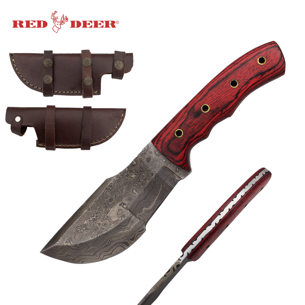 Red Deer Damascus Hunter Pakka red wood Full Tang Knife