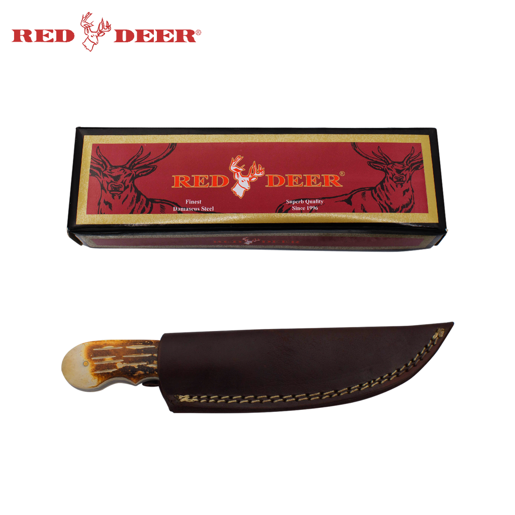 Red Deer Damascus Treaded Spine Skinning Knife Full Tang Burnt Animal Bone Handle Genuine Leather Sheath, , Panther Wholesale- Panther Wholesale