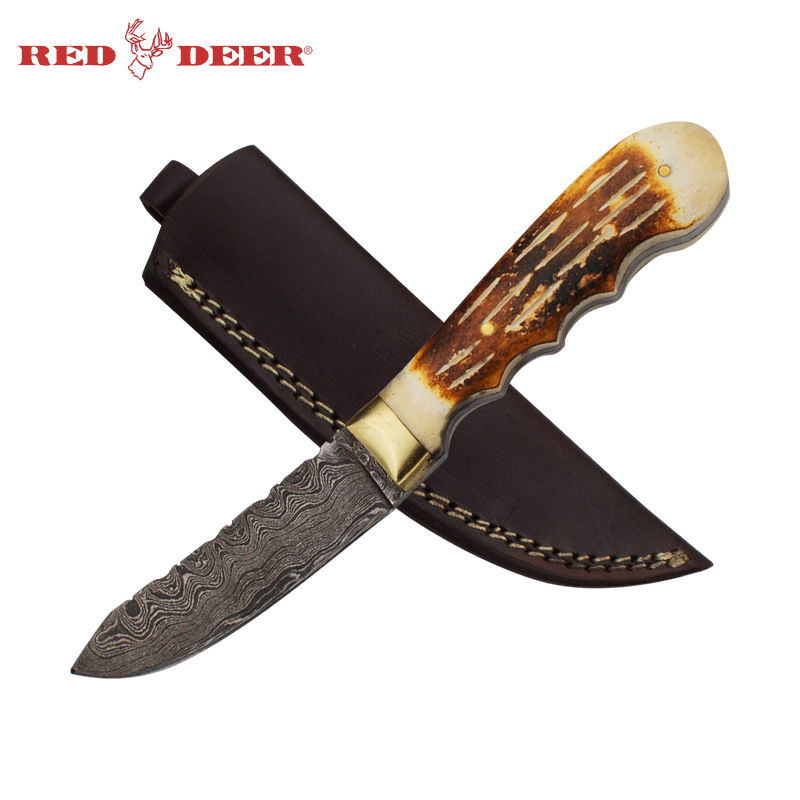 Red Deer Damascus Treaded Spine Skinning Knife Full Tang Burnt Animal Bone Handle Genuine Leather Sheath, , Panther Wholesale- Panther Wholesale