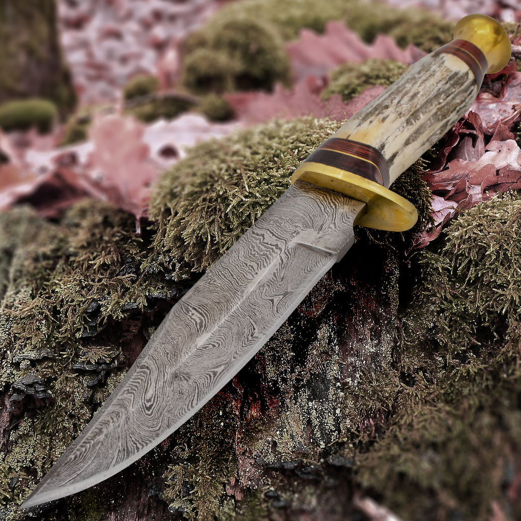 Red Deer Stag Handle Damascus Knife