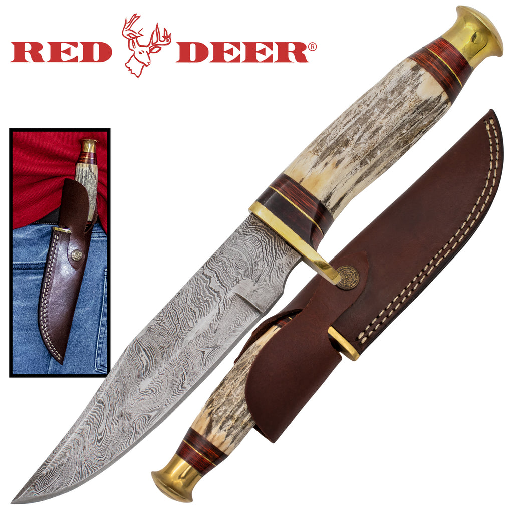 Red Deer Stag Handle Damascus Knife
