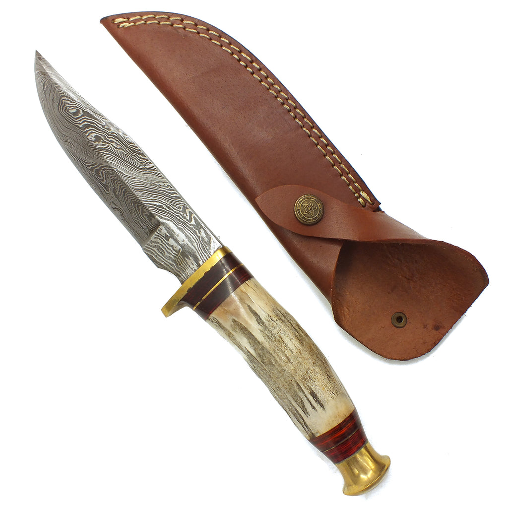 Red Deer Stag Handle Damascus Knife