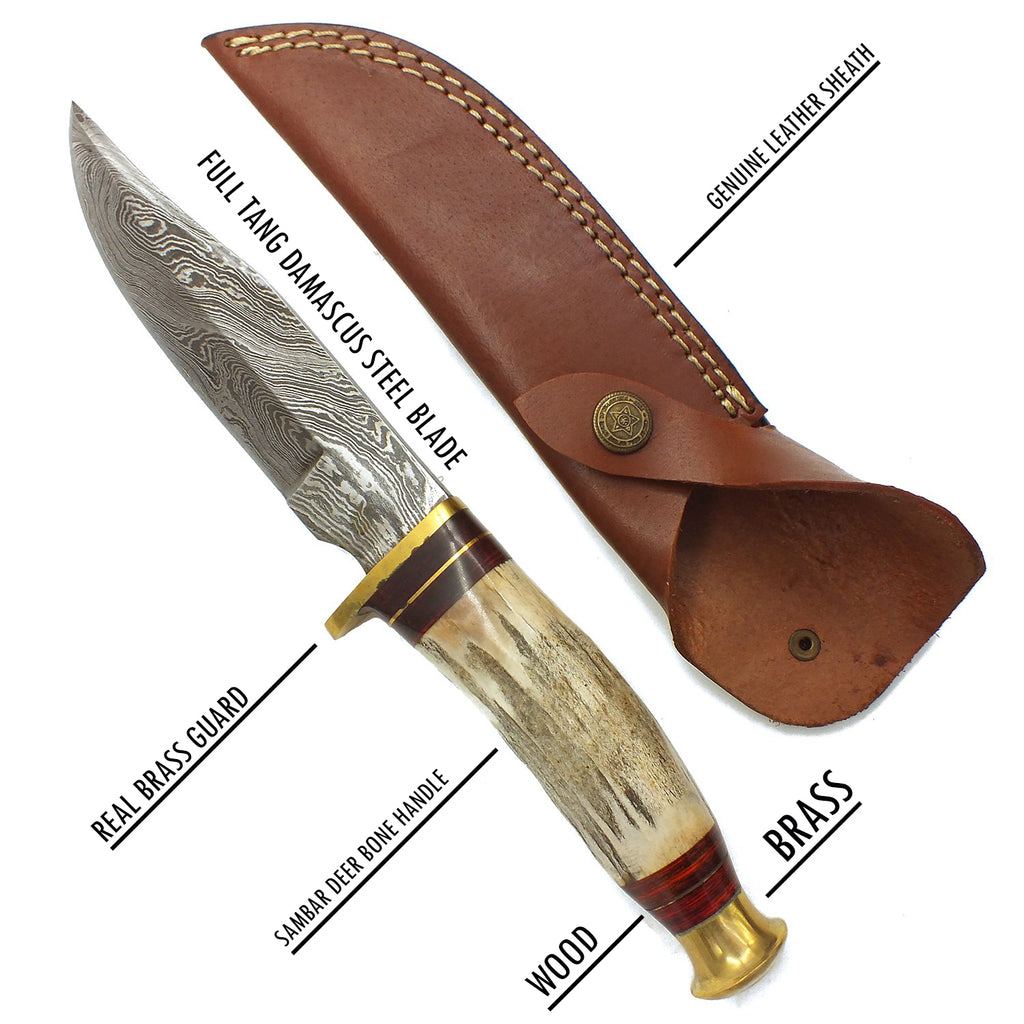 Red Deer Stag Handle Damascus Knife