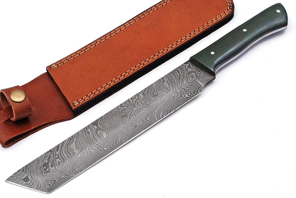Fixed Blade Damascus Tanto Hunting Knife - Green