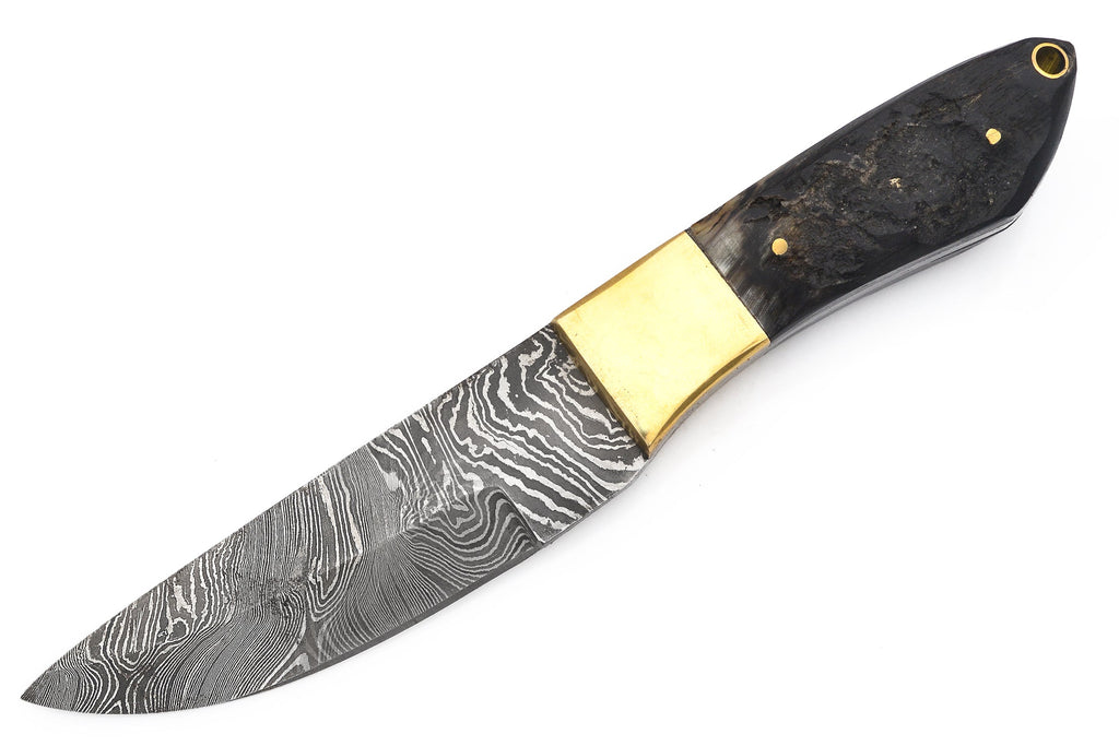 Damuscus Hunting Knife W. Case Black Handle