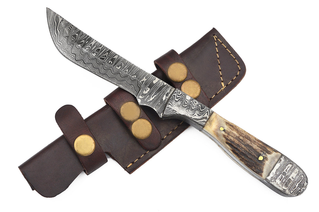 Red Deer®8.5 inch Damuscus Hunting Knife W. Case (Bone Handle)