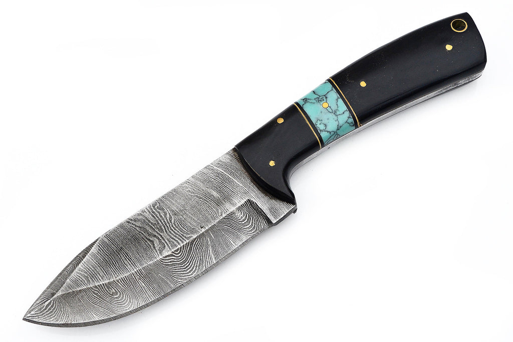 Damuscus Hunting Knife W. Case Black And Blue Handle