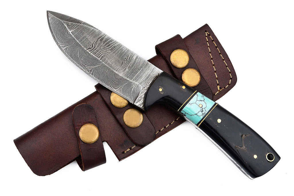 Damuscus Hunting Knife W. Case Black And Blue Handle