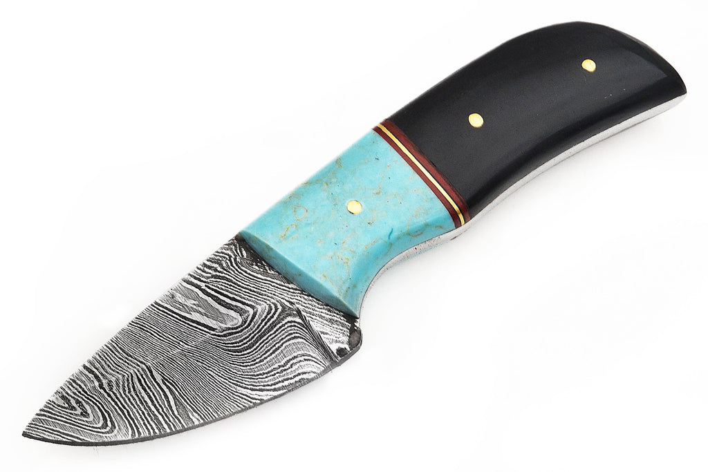 Red Deer® Damuscus Hunting Knife W. leather Case Black/Blue Handle