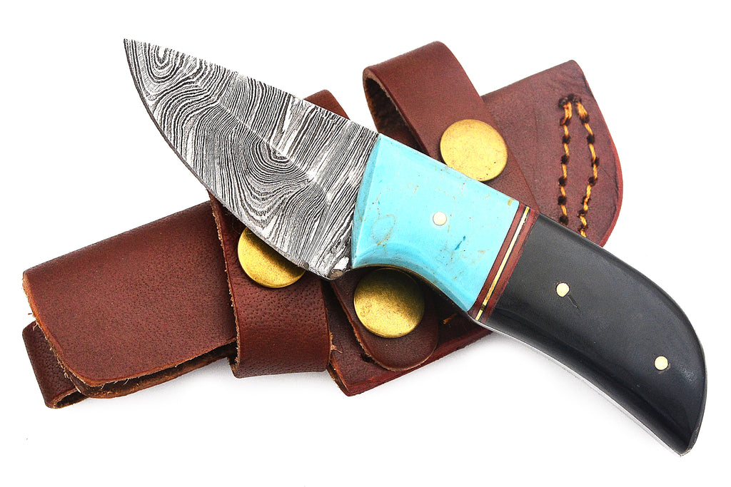 Red Deer® Damuscus Hunting Knife W. leather Case Black/Blue Handle