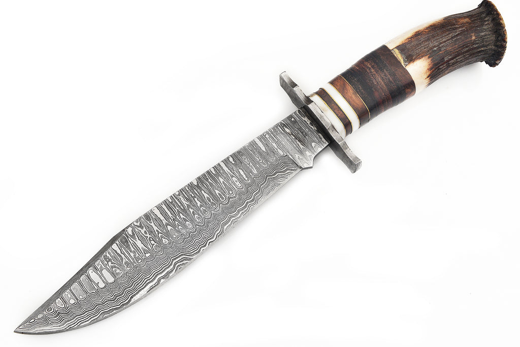 Damuscus Hunting Knife W. Case Dark Bronw Stang Handle