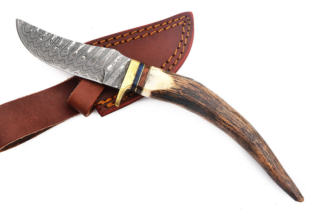 Damuscus Hunting Knife W. Case Real Stang Handle