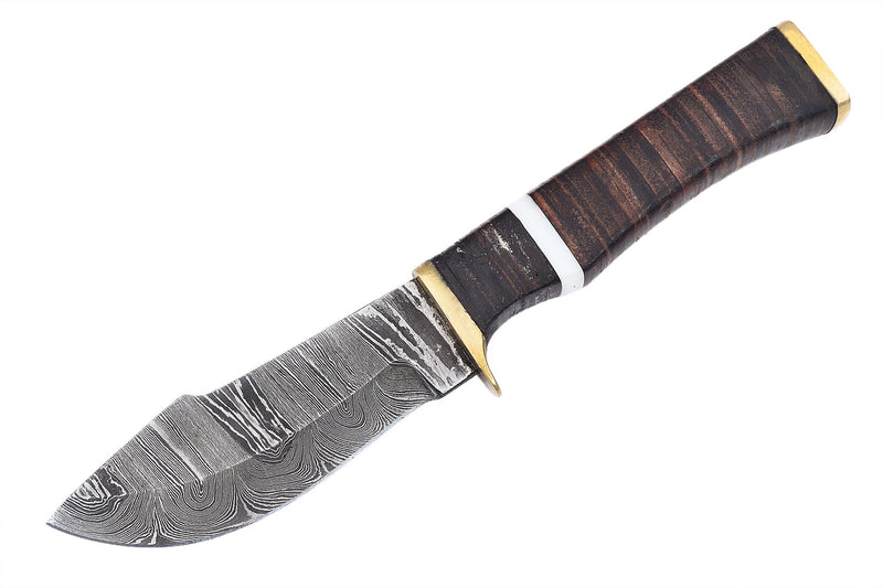 Red Deer® 9 inch  Damuscus Hunting Knife W.Leather Case Dark Brown Handle
