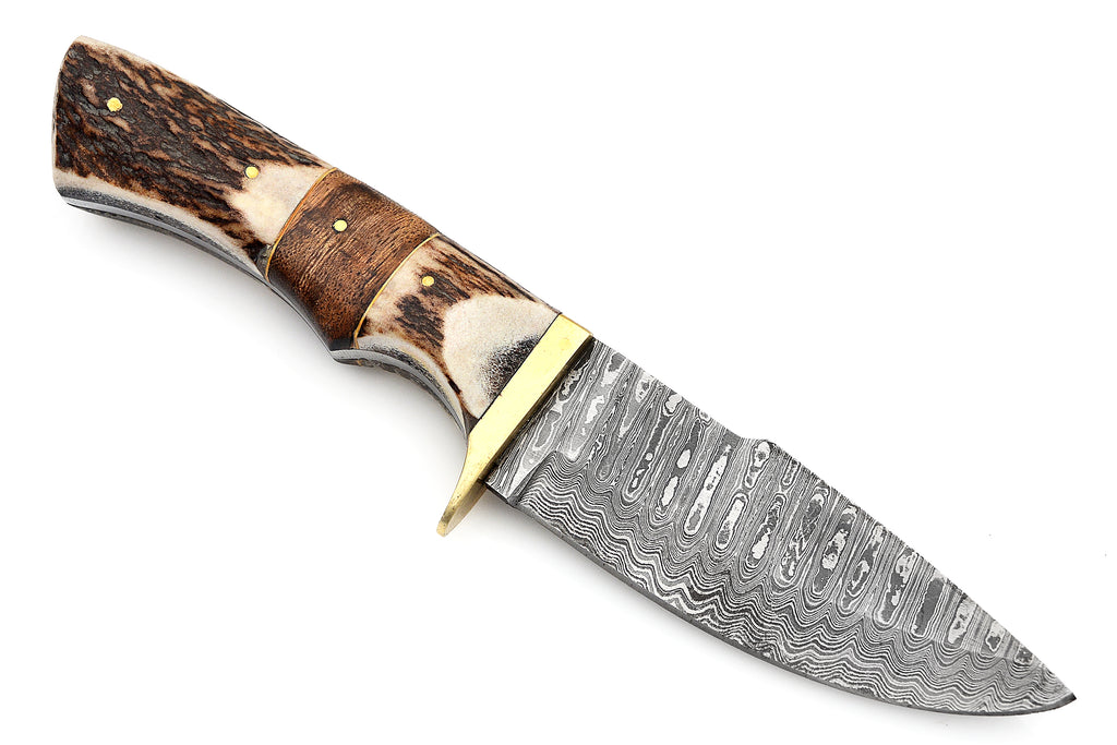 9.0inch Damuscus Hunting Knife W. Case Dark Brown Bone Handle