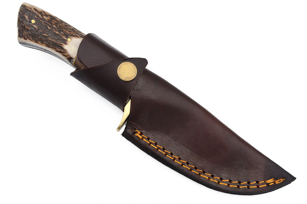 9.0inch Damuscus Hunting Knife W. Case Dark Brown Bone Handle