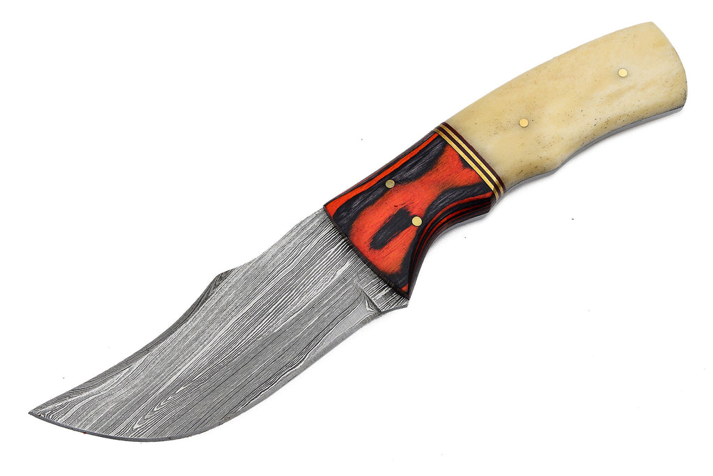 Damuscus Hunting Knife W. Case Red/Bone Handle