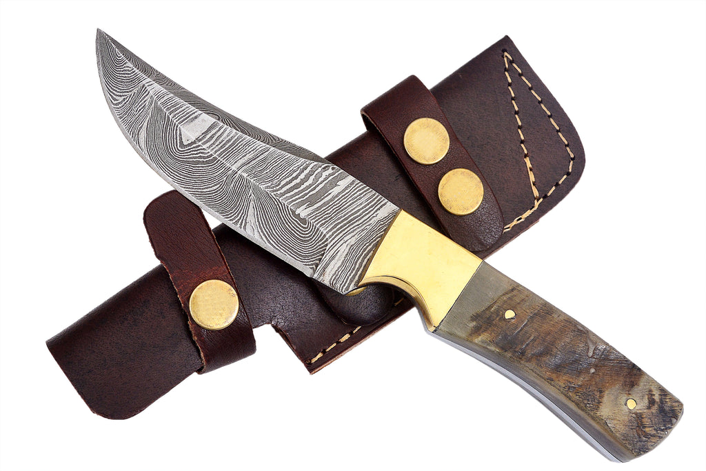 Red Deer® 8.0 inch Damuscus Hunting Knife W.Leather Case Bone Handle