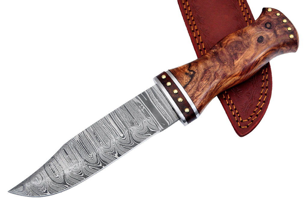 Damuscus Hunting Knife W. Case Brown Handle