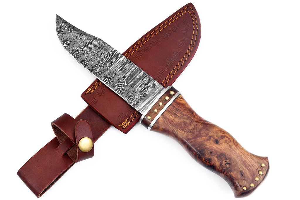 Damuscus Hunting Knife W. Case Brown Handle