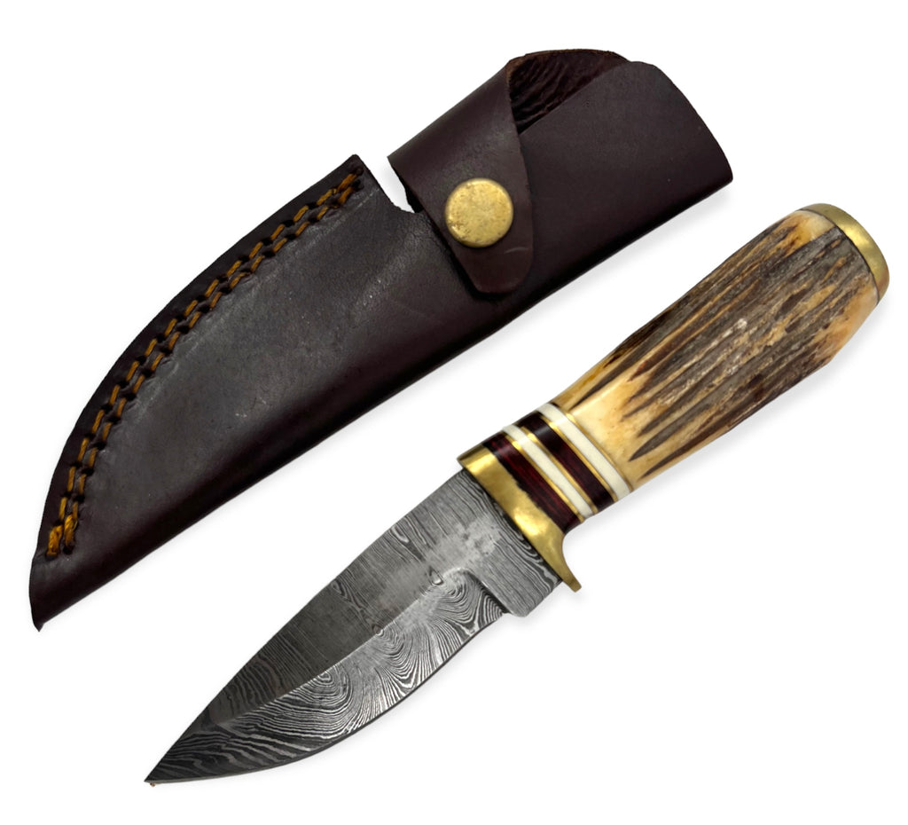 Red Deer®7.5 inch Damuscus Hunting Knife W.Leather Case