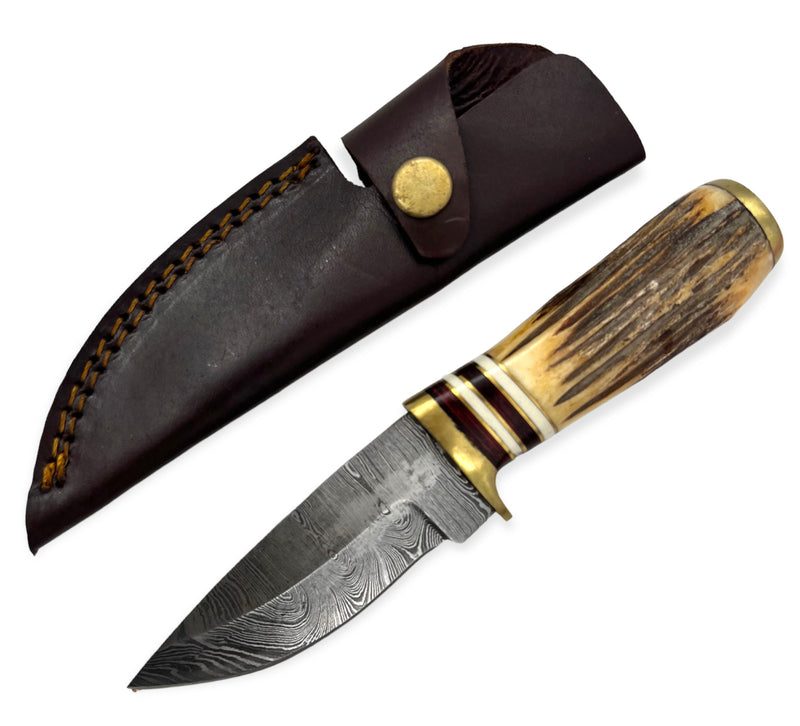 Red Deer®7.5 inch Damuscus Hunting Knife W.Leather Case