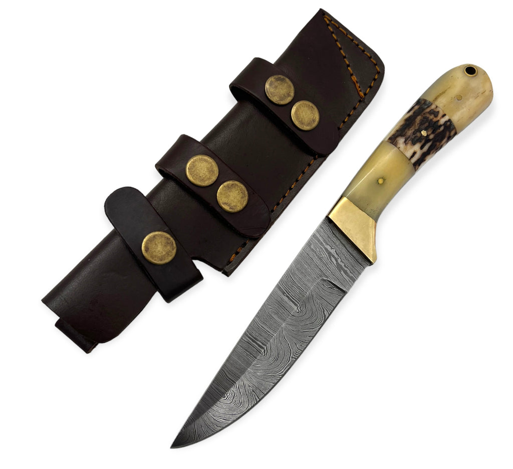 Red Deer® 9.0 inch Damuscus Hunting Knife W. Case BONE HANDLE