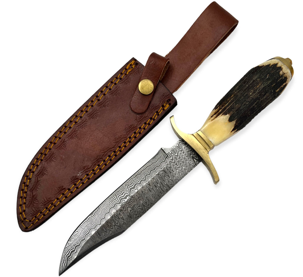 Red Deer® 11.5  inch Damuscus Hunting Knife W.Leather Case