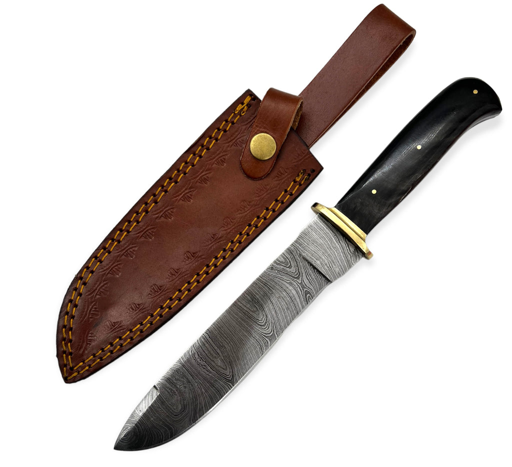 Red Deer®11.50 inch Damuscus Hunting Knife W.Leather Case BONE HANDLE
