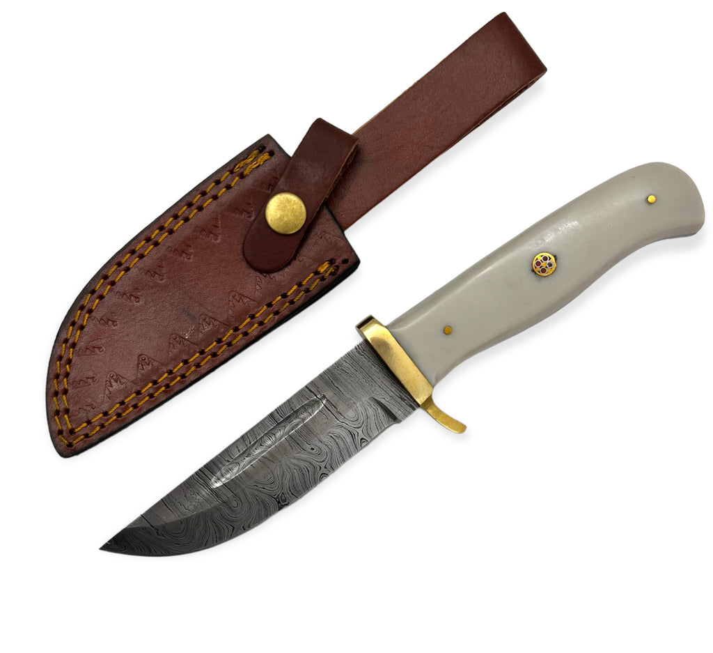 Red Deer® 10.0 inch Damuscus Hunting Knife W. Leather Case BONE HANDLE