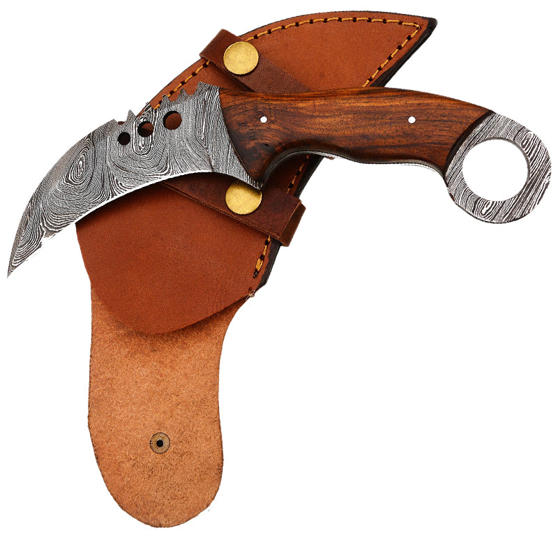 Real Damascus Steel with Genuine Leather Sheath Karambit Spike Thumb Ramp