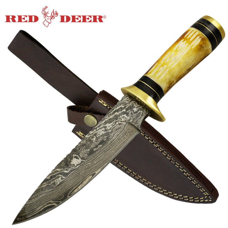 Red Deer Bone Cherokee Damascus Full Tang Knife, , Panther Trading Company- Panther Wholesale