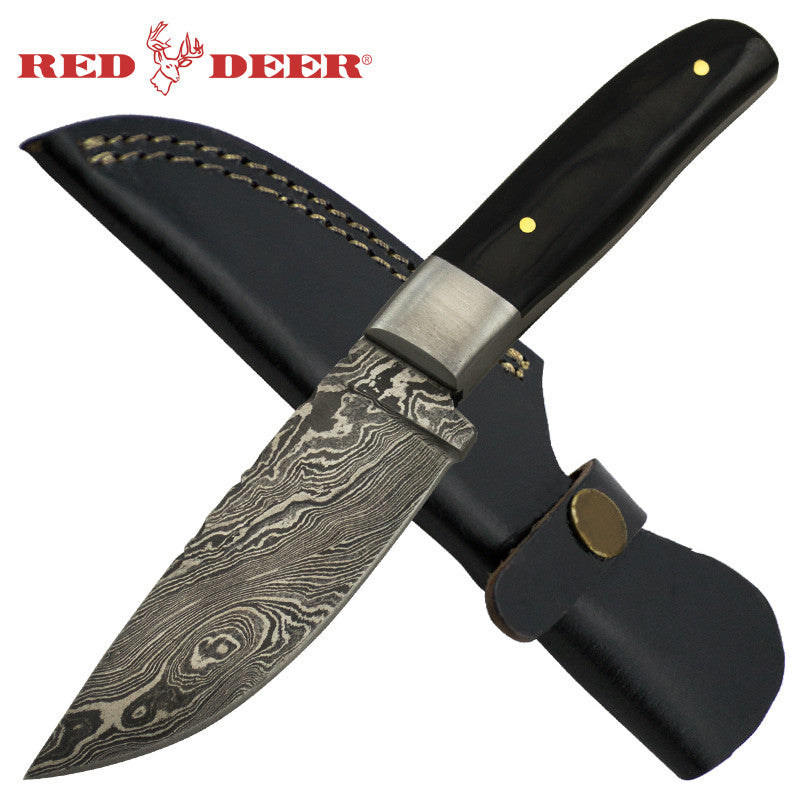 Red Deer Black Buffalo Horn Damascus Full Tang Knife, , Panther Trading Company- Panther Wholesale