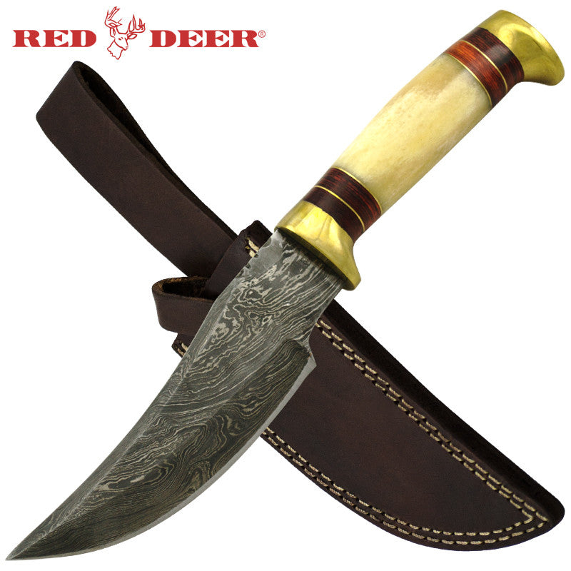 Red Deer 9.5 Inches Damascus Hunting Knife With Tan Bone Handle, , Panther Trading Company- Panther Wholesale