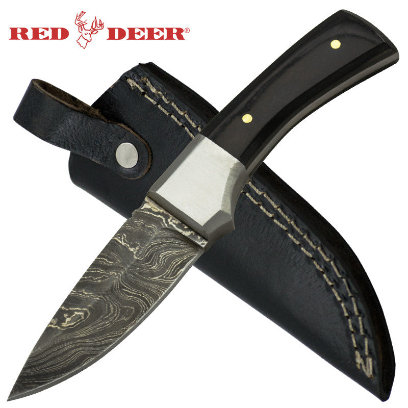 Red Deer Black Buffalo Horn Damascus Full Tang Knife, , Panther Trading Company- Panther Wholesale