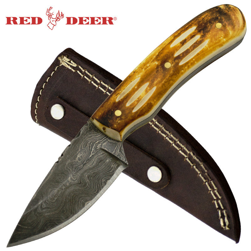 Red Deer Damascus Full Tang Bright brown Animal Bone Knife, , Panther Trading Company- Panther Wholesale
