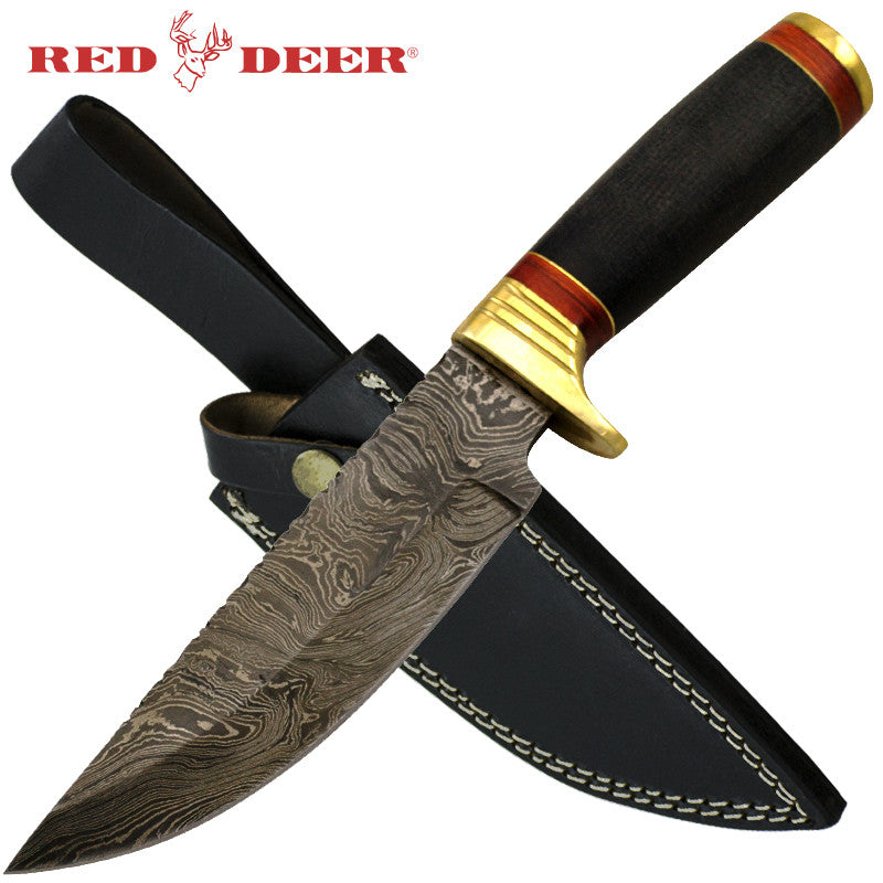 Red Deer Damascus 10 Inches Micarta Hunting Knife With black Leather Sheath, , Panther Trading Company- Panther Wholesale